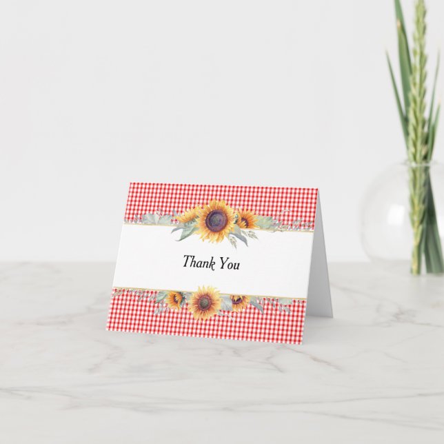 Sunflower Red Gingham Folded Thank You Card Dankeskarte (Vorderseite)