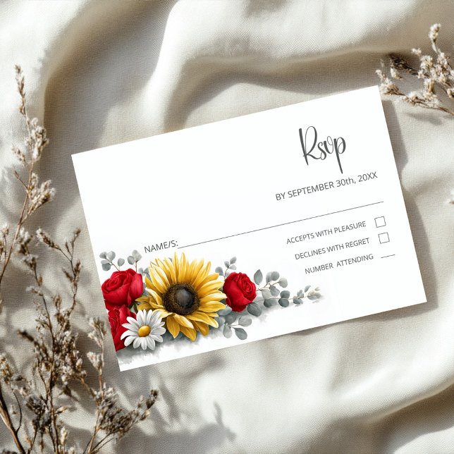 Sunflower Red Rose Floral Wedding RSVP Karte (Von Creator hochgeladen)