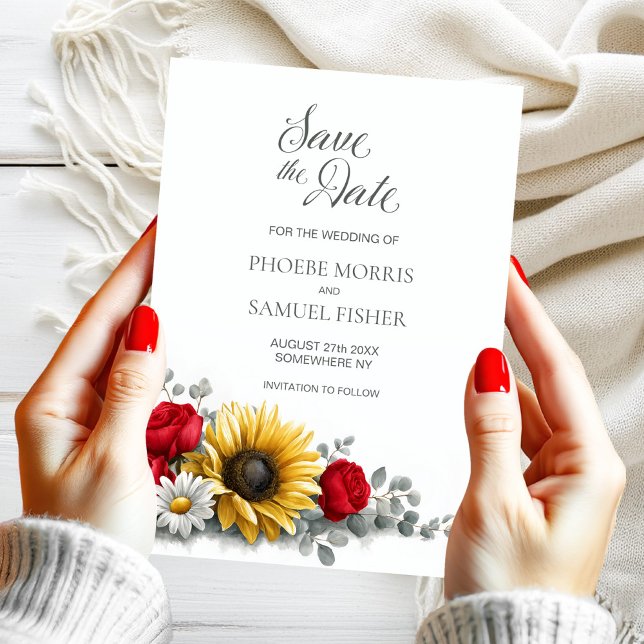 Sunflower Red Rose Floral Wedding Save the Date (Von Creator hochgeladen)