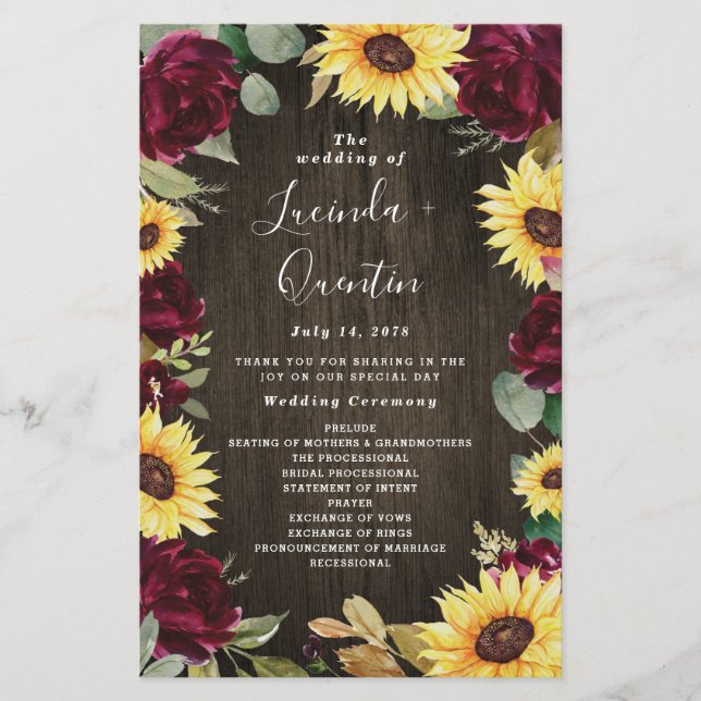 Sunflower Red Roses Rustic Wood Wedding Programmes (Devant)