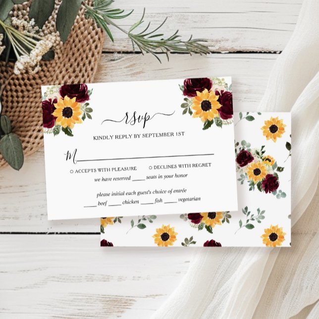 Sunflower Roses Rustic Wedding Carte RSVP (Créateur téléchargé)