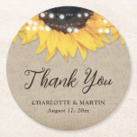 Sunflower Rustic Burlap Wedding Thank You Runder Pappuntersetzer<br><div class="desc">Rustic sunflower wedding favor coasters featuring sunflowers and string lights on a vintage burlap textured background. Perfect items for a rustic country wedding party inspired by sunflower flowers. Inexpensive rustic sunflower wedding gifts,  or party décor.</div>