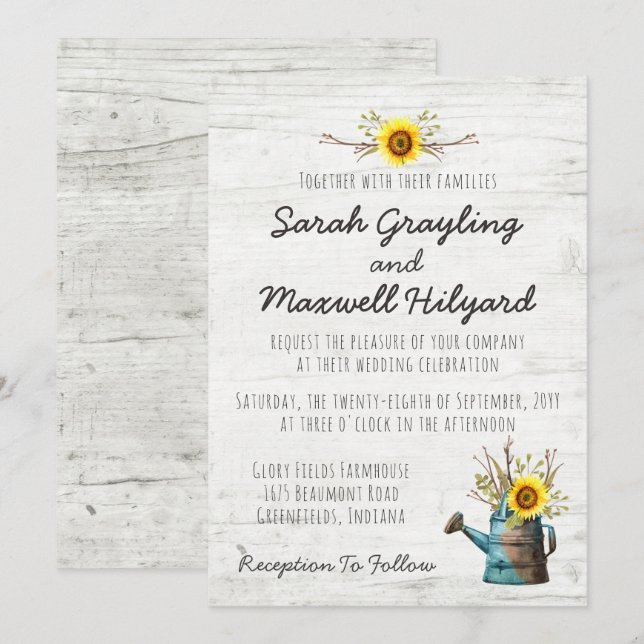 Sunflower & Rustic Wood Farm Faire-part de mariage (Devant / Derrière)