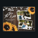 Sunflower Rustic Wood Wedding Photo Save The Date Ankündigungspostkarte<br><div class="desc">Rustic floral wedding photo save the date postcard featuring sunflowers and string lights against a barn wood background.</div>