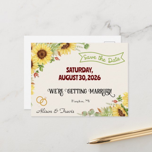 SUNFLOWER SAVE THE DATE POST-KARTE POSTKARTE (Vorderseite/Rückseite Beispiel)