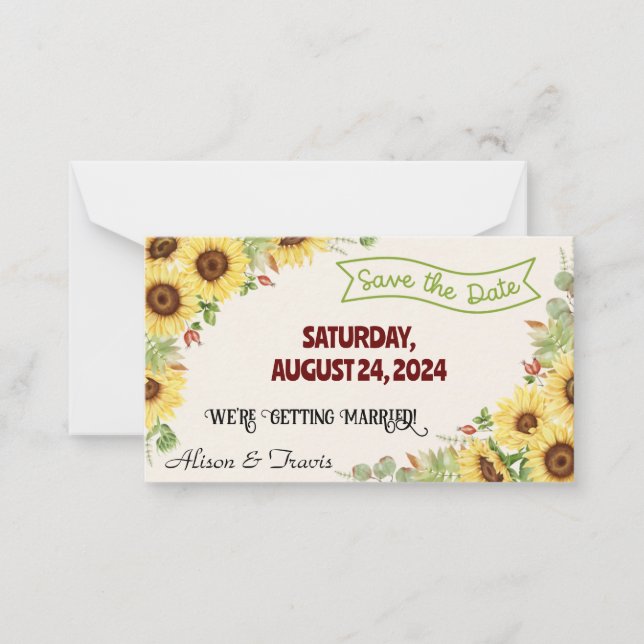 SUNFLOWER SAVE THE DATE WEDING NOTE CARD MITTEILUNGSKARTE (Vorderseite)