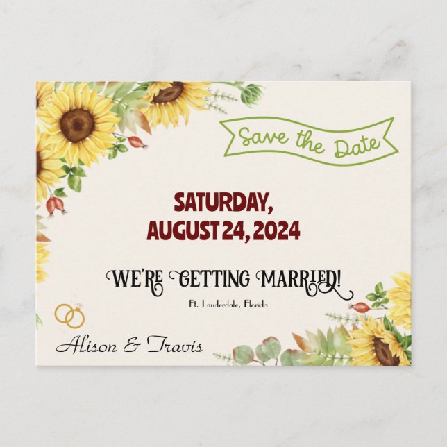 SUNFLOWER SAVE THE DATE WEDING POST CARD POSTKARTE (Vorderseite)