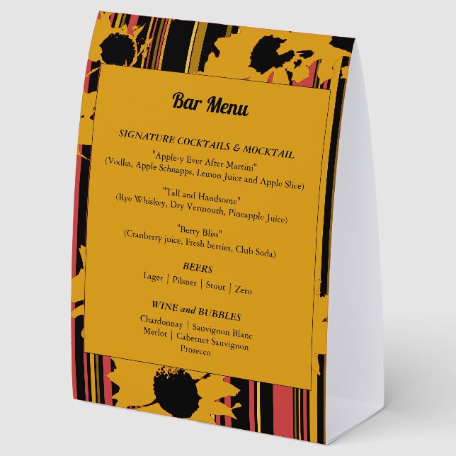 Sunflower Summer Gold Red Wedding Bar Menu Tischaufsteller (Rückseite)