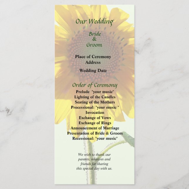 Sunflower Sunbathing Wedthing Programme de mariage (Devant)