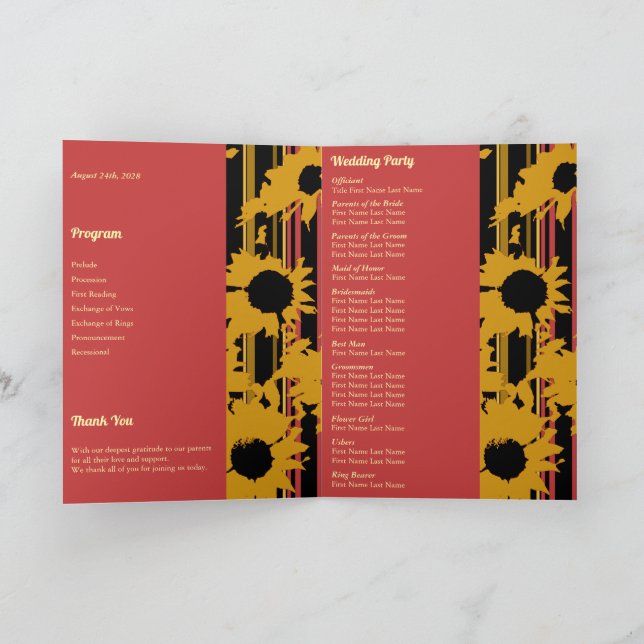 Sunflower Sunset Coral Gold Modern Wedding Photo Programm (Innenseite)