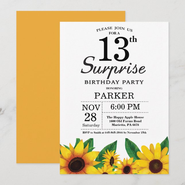 Sunflower Surprise 13e anniversaire Invitation (Devant / Derrière)