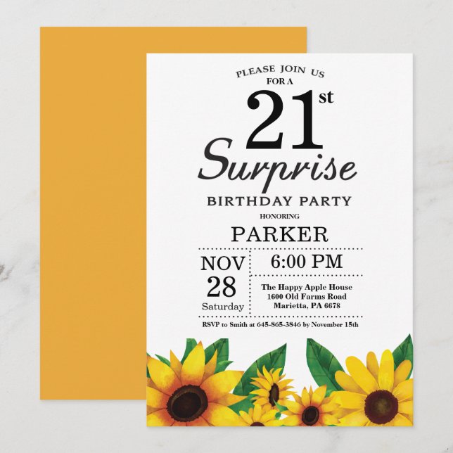 Sunflower Surprise 21e anniversaire Invitation (Devant / Derrière)