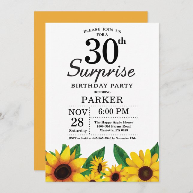 Sunflower Surprise 30e anniversaire Invitation (Devant / Derrière)