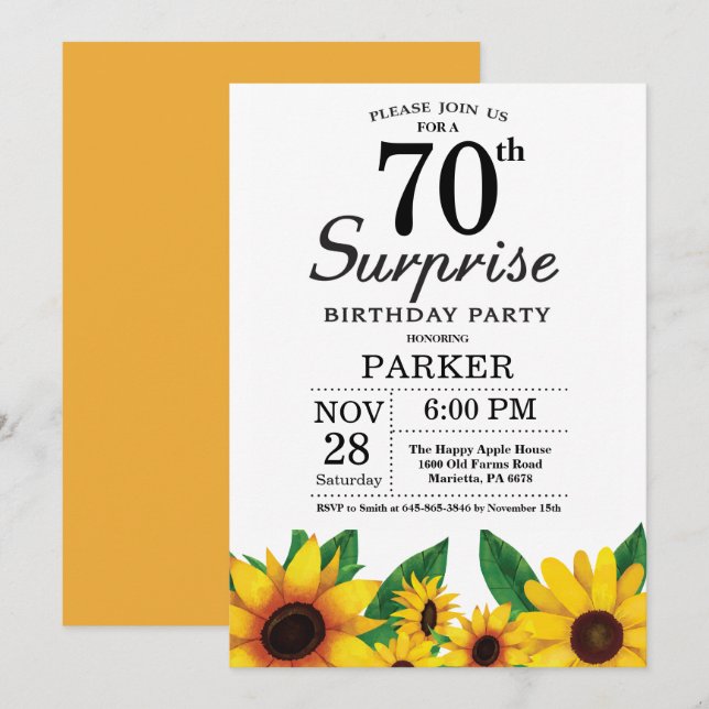 Sunflower Surprise 70e anniversaire Invitation (Devant / Derrière)