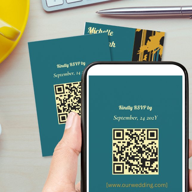 Sunflower Teal Blue Gold Modern QR Code Wedding  RSVP Karte (Von Creator hochgeladen)