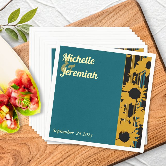 Sunflower Teal Blue Gold Modern Wedding Cocktail Serviette (Von Creator hochgeladen)