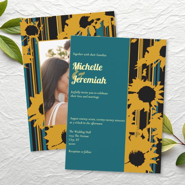 Sunflower Teal Blue Gold Modern Wedding Einladung (Von Creator hochgeladen)