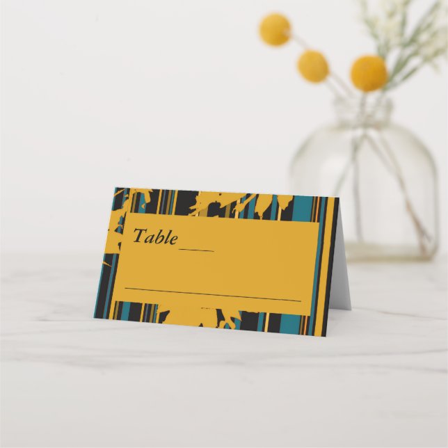 Sunflower Teal Blue Gold Modern Wedding Platzkarte (Vorderseite)
