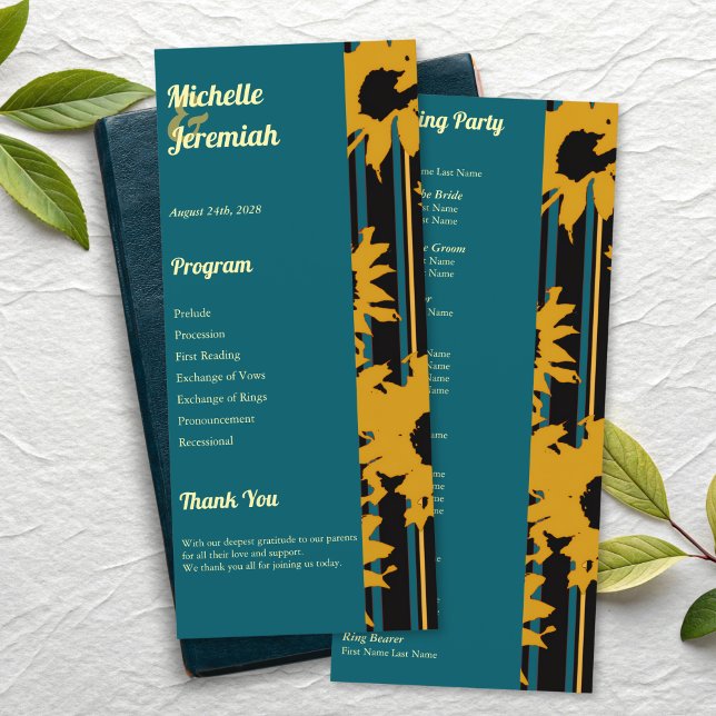 Sunflower Teal Blue Gold Modern Wedding Programm (Von Creator hochgeladen)