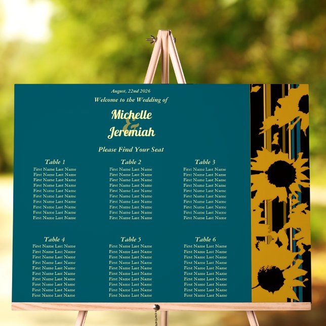 Sunflower Teal Blue Gold Modern Wedding Seat Chart (Créateur téléchargé)