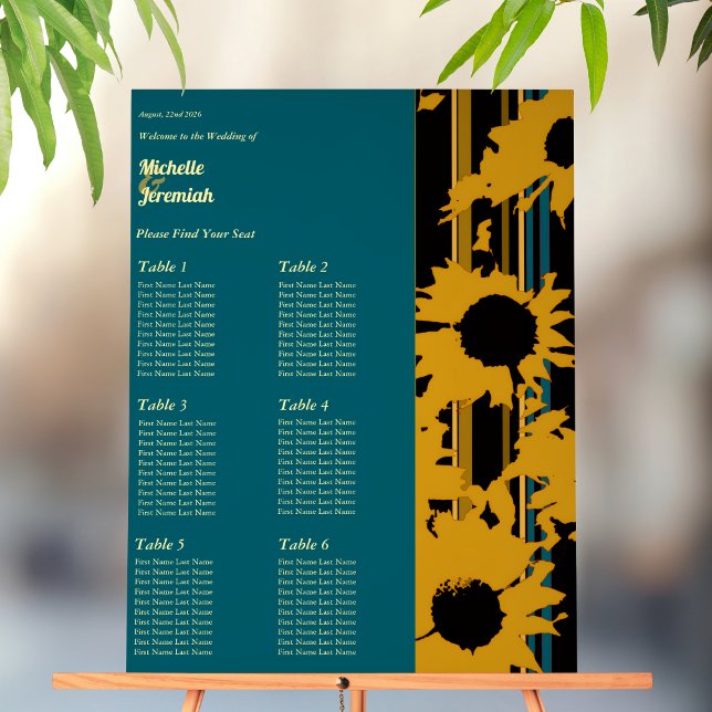 Sunflower Teal Blue Gold Modern Wedding Seat Chart Acrylschild (Von Creator hochgeladen)
