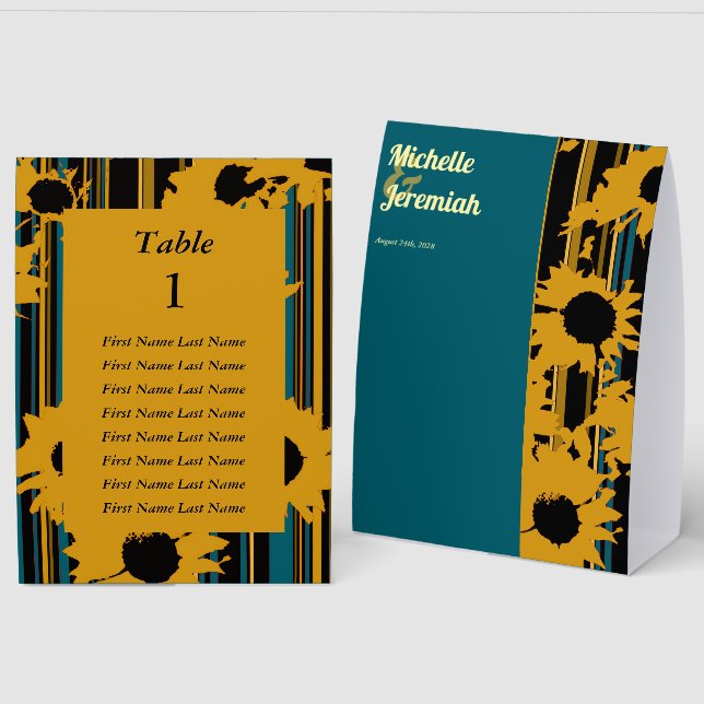 Sunflower Teal Blue Gold Modern Wedding Tischaufsteller (Vorder-/Rückseite)