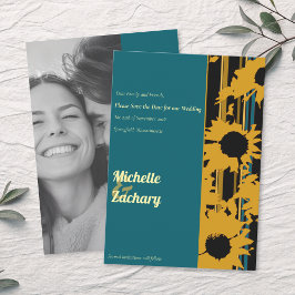 Sunflower Teal Blue Gold Wedding Photo Save The Date