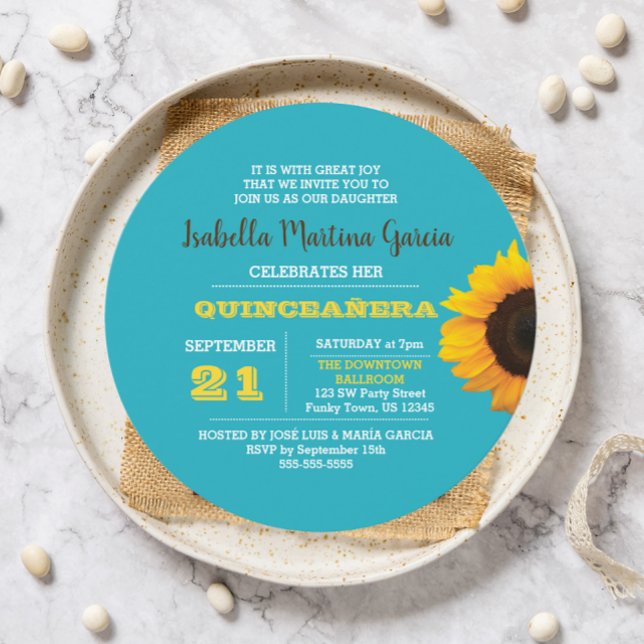 Sunflower Turquoise Round Quinceañera Invitation (Créateur téléchargé)