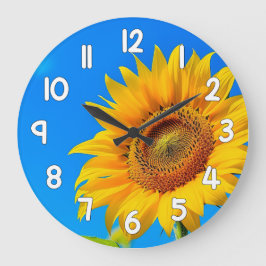 Sunflower Wall Clock Blue Background Floral Decor Große Wanduhr