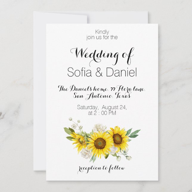 Sunflower watercolor white rose wedding Invitation Einladung (Vorderseite)