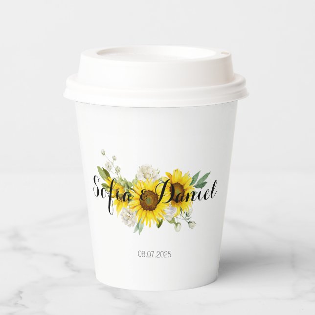 Sunflower watercolor white rose wedding  pappbecher (Vorderseite)