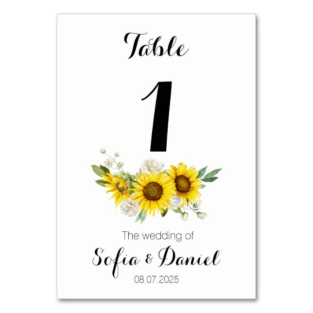Sunflower watercolor white rose wedding  tischnummer (Vorderseite)