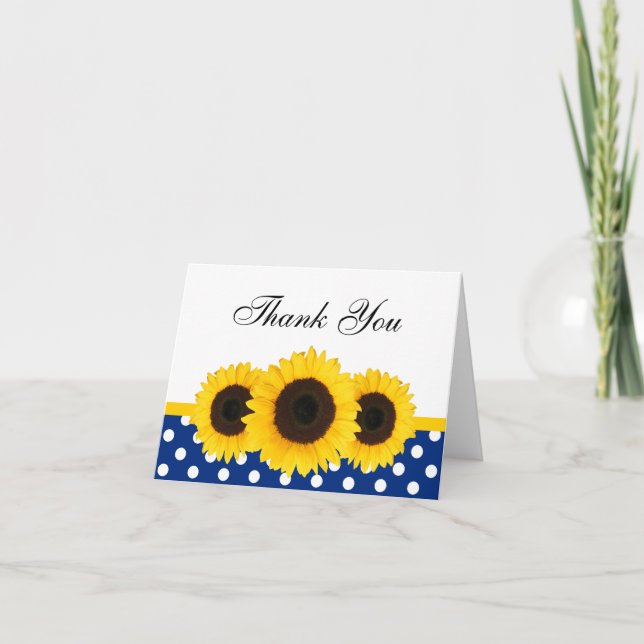 Sunflower White and Blue Polka Vielen Dank Dankeskarte (Vorderseite)