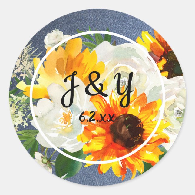 Sunflower & White Monogram Vielen Dank - Blue Jean Runder Aufkleber (Vorderseite)
