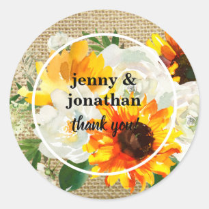 Sunflower & White Rose Burlap Vielen Dank Runder Aufkleber