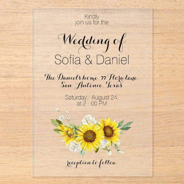 Sunflower white rose wedding Acrylic Invitation Acryleinladungen (Vorderseite)