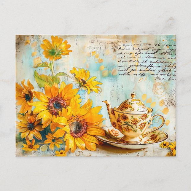 Sunflower with Antique Coffee Pot and Fantasy text Postkarte (Vorderseite)