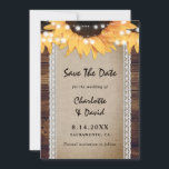 Sunflower Wood Burlap Lace Wedding Save The Date<br><div class="desc">Rustic sunflower wedding save the date card featuring a burlap and lace runner with sunflowers and string lights on a barn wood background. Two burlap hearts at the back.</div>