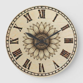 Sunflower Wood Burned Wall Clock Große Wanduhr