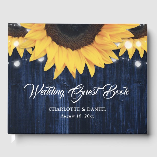 Sunflower Wood String Lights Navy Blue Wedding Gästebuch (Vorderseite)