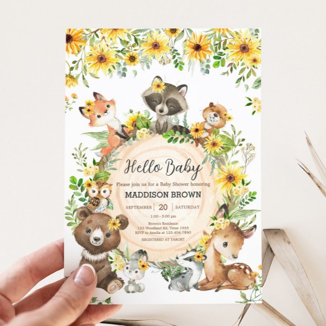 Sunflower Woodland Animals Baby Shower Einladung (Sunflower Woodland Animals Floral Baby Shower Invitation)