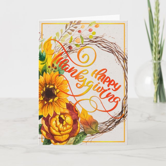 Sunflower Wreath Happy Thanksgiving Karte (Vorderseite)