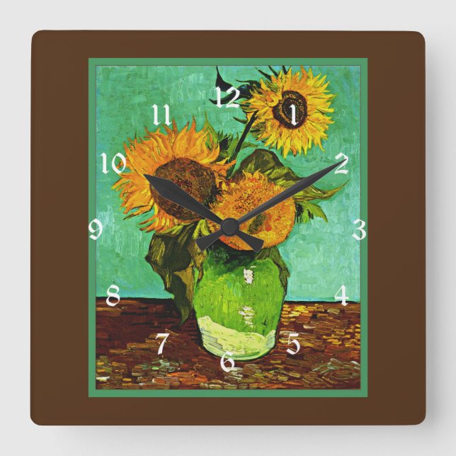 Sunflowers, 3, by Vincent van Gogh, Quadratische Wanduhr (Vorderseite)