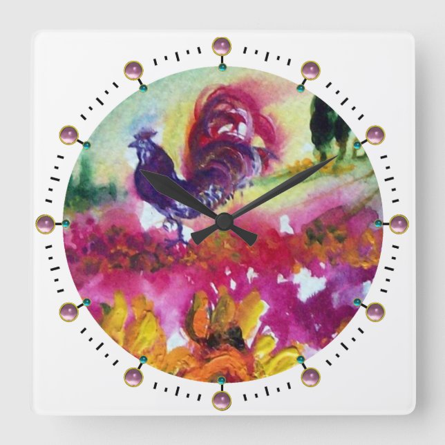 SUNFLOWERS AND BLACK ROOSTER ,White Quadratische Wanduhr (Vorderseite)
