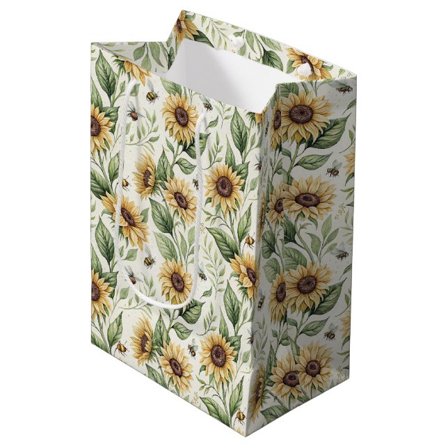 Sunflowers and Bumble Bees Floral Mittlere Geschenktüte (Vorderseite Schrägansicht)