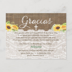 Sunflowers Bautismo Carte de remerciements espagno