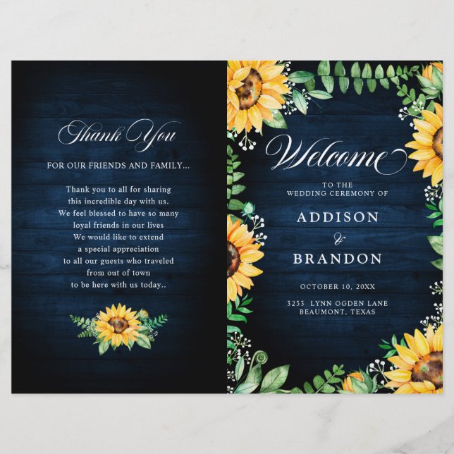 Sunflowers Bébé's Breath Navy Programme de mariage (Devant)