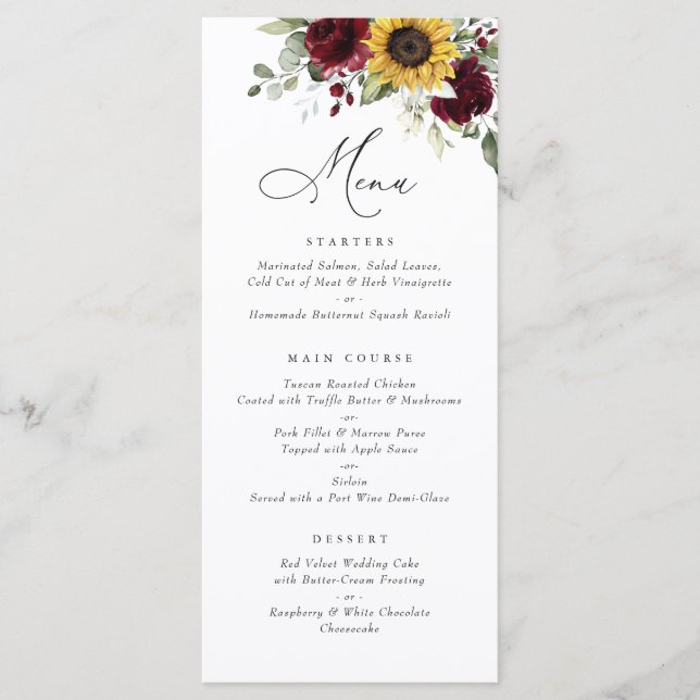 Sunflowers Bourgogne Floral Greenery Menu Mariage (Devant)