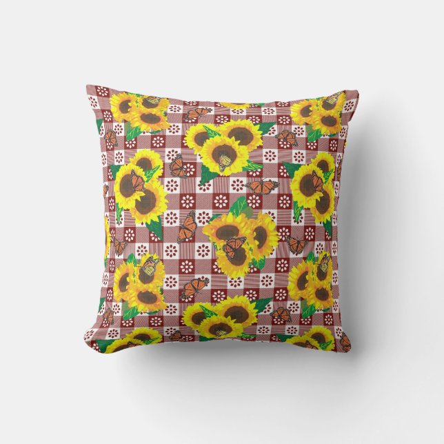 Sunflowers Butterflies Red Gingham Kissen (Vorderseite)