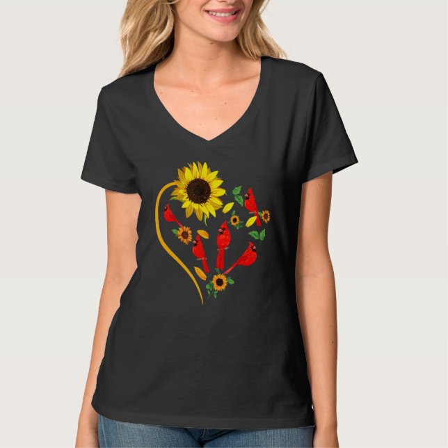 Sunflowers Cardinal Birds Cute Heart Shape Funny B T-Shirt (Vorderseite)